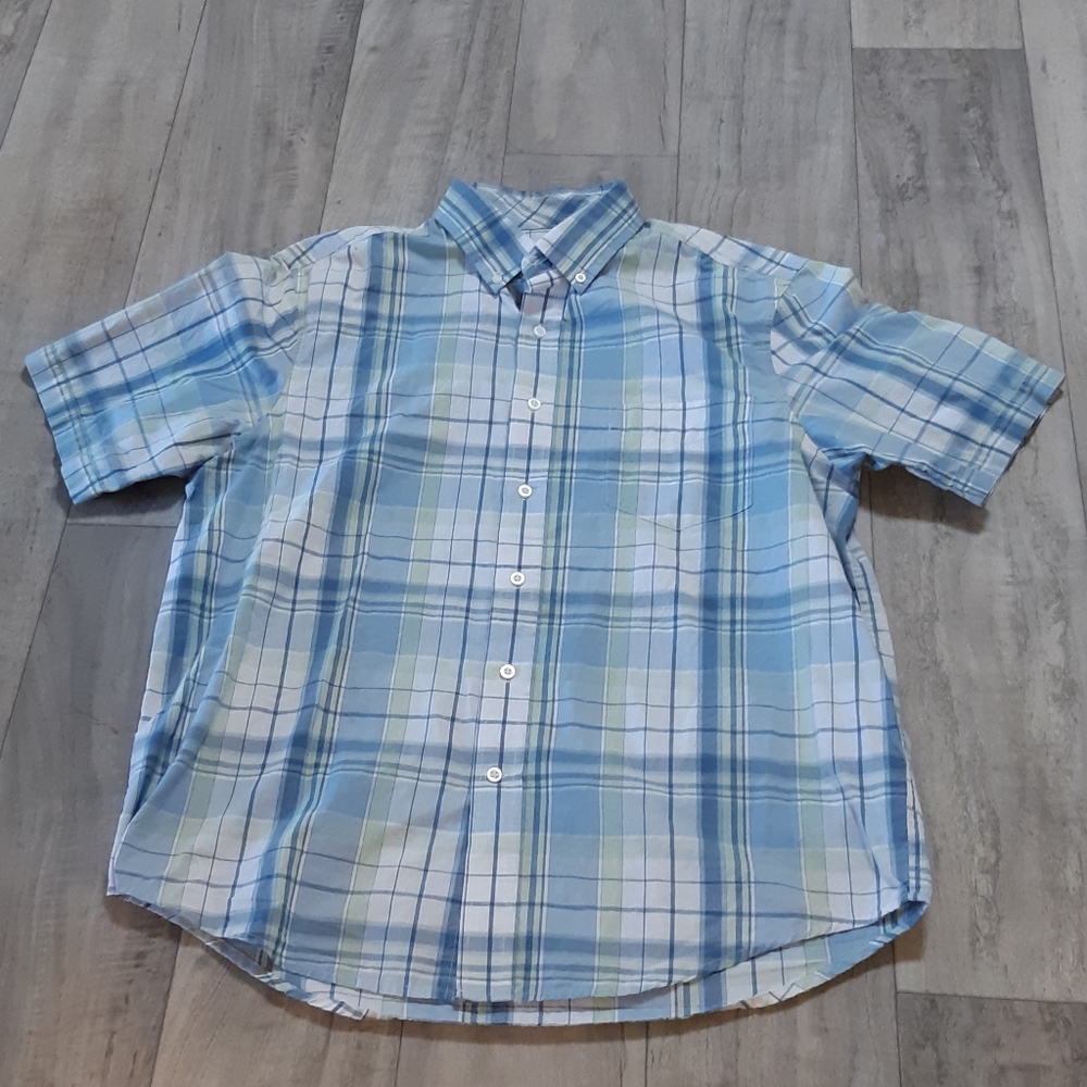 Mens Plaid Button up shirt Sz Large Casual Short Sleeve b37 GEORGE Blue White